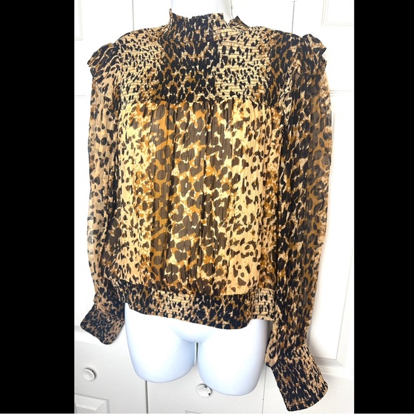 New FREE PEOPLE Roma Ruffle Blouse Top Shirt Leopard Animal Print Semi Sheer NWT - Picture 2 of 15